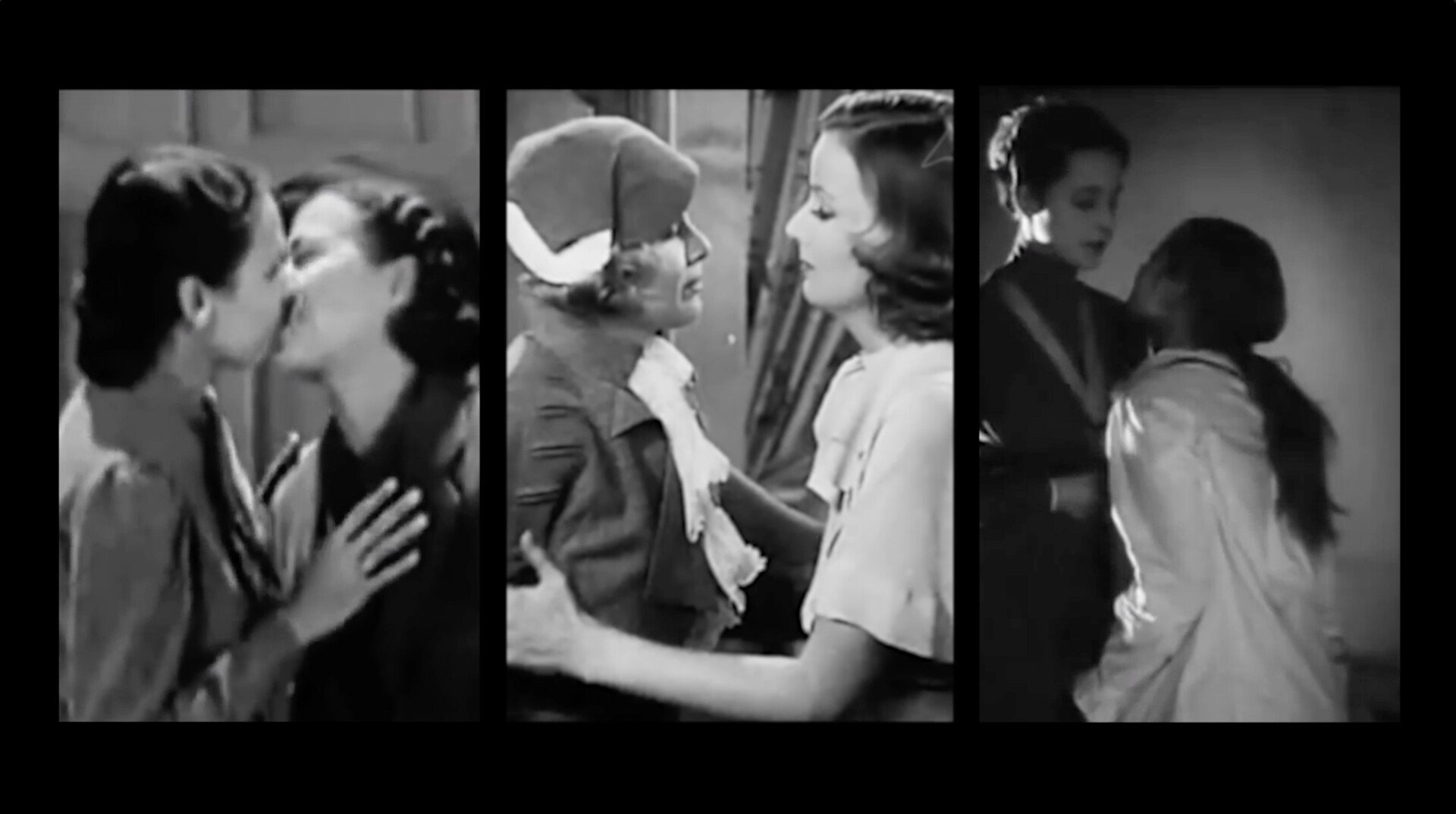 Triptych of greyscale screenshots from films featuring to people looking at each other.