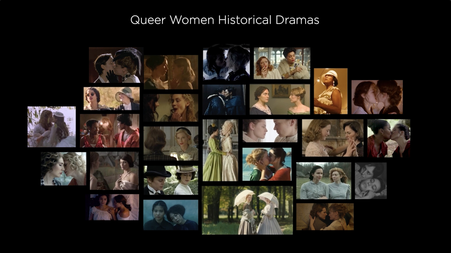 Collage representation of various stills from films.