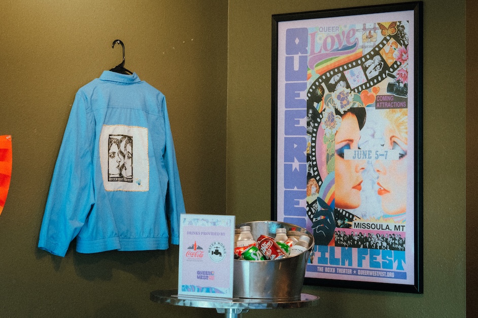 qwff_poster_merch Movie poster and shirt and drinks for Queer West Film Festival.